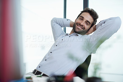 Buy stock photo Portrait, business and man with smile, relax and stretching with break or peaceful with professional. Face, happy person or productivity with easy project or complete with finished assignment or rest