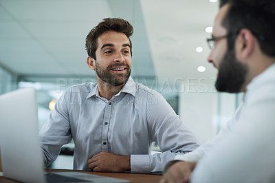 Buy stock photo Teamwork, designer and men on laptop for software, research or web design programming. Technology, problem solving or programmers in office for meeting, discussion or cybersecurity network in startup
