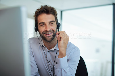Buy stock photo Call center, employee and man with telemarketing, customer service and conversation for advice. Male person, consultant and happy agent with headphones, communication and consulting with tech support