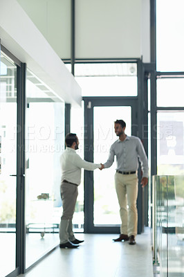 Buy stock photo Teamwork, greeting or business people shaking hands in meeting or corporate b2b agreement. Thank you, handshake or financial advisor with job promotion, deal negotiation or partnership opportunity