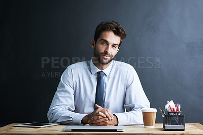 Buy stock photo Businessman, portrait and desk with wall background at laptop at insurance broker, investment or finance. Male person, face and confidence with stationery at table or loan, connectivity or mockup