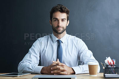 Buy stock photo Education, learning and portrait of man teacher in classroom with tablet and pride on blackboard background. High school, teaching and face of tutor with positive attitude, knowledge and expertise