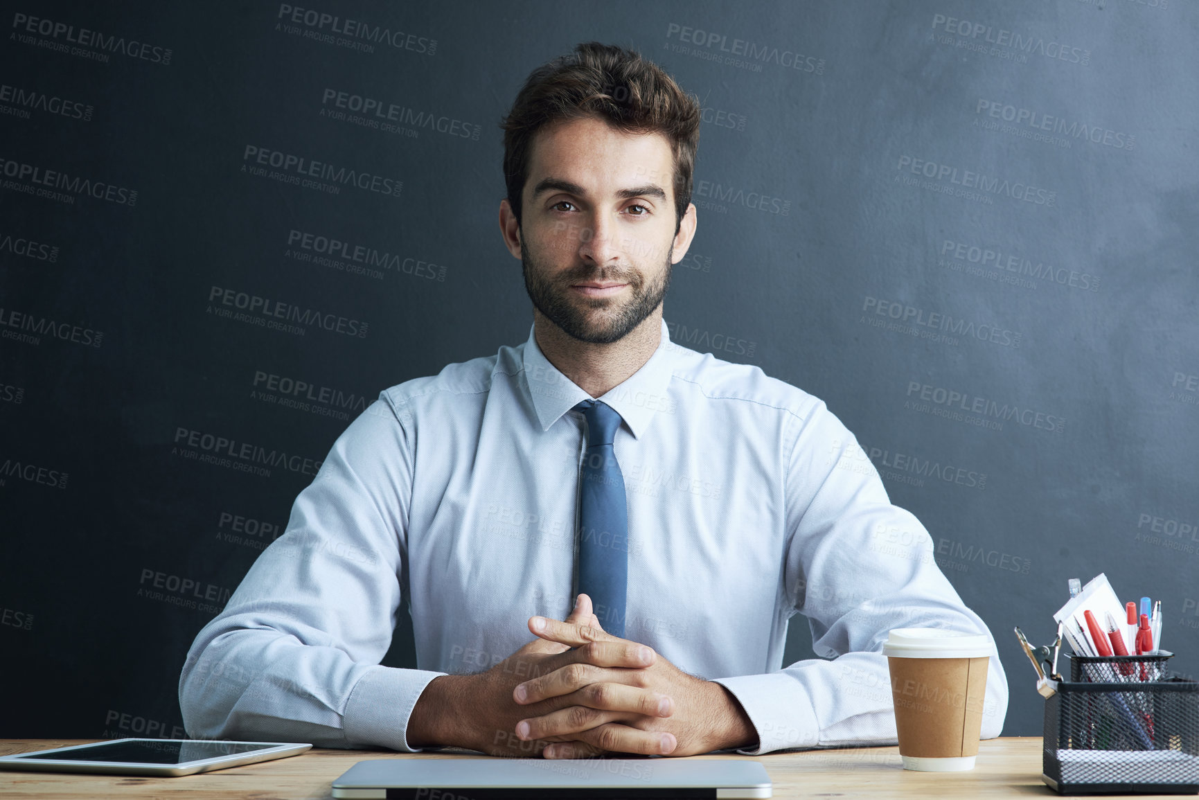 Buy stock photo Education, learning and portrait of man teacher in classroom with tablet and pride on blackboard background. High school, teaching and face of tutor with positive attitude, knowledge and expertise