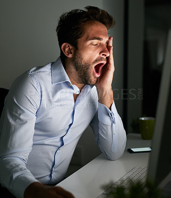Buy stock photo Business man, tired and yawn at desk with computer for programming, coding at night and burnout in IT. Working late, fatigue or bored with sleepy programmer, deadline or overtime for software upgrade