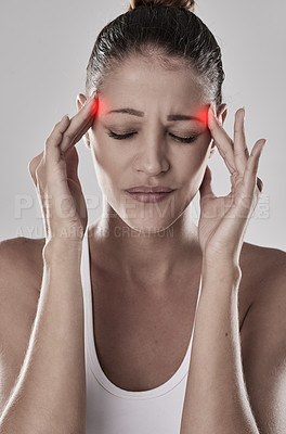 Buy stock photo Fitness, headache or injury with woman and red glow for brain fog, tension and pain on white background. Exercise, athlete and anatomy overlay, migraine with vertigo or dizzy, sports and wellness