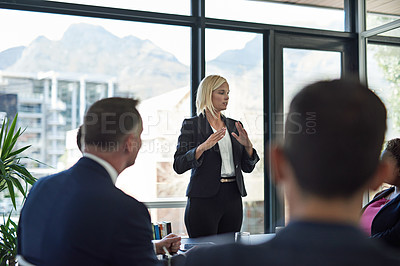 Buy stock photo Meeting, ideas and business people in office with woman, planning and development proposal. Leadership, collaboration and finance team in conference room together for advice, support and sales growth