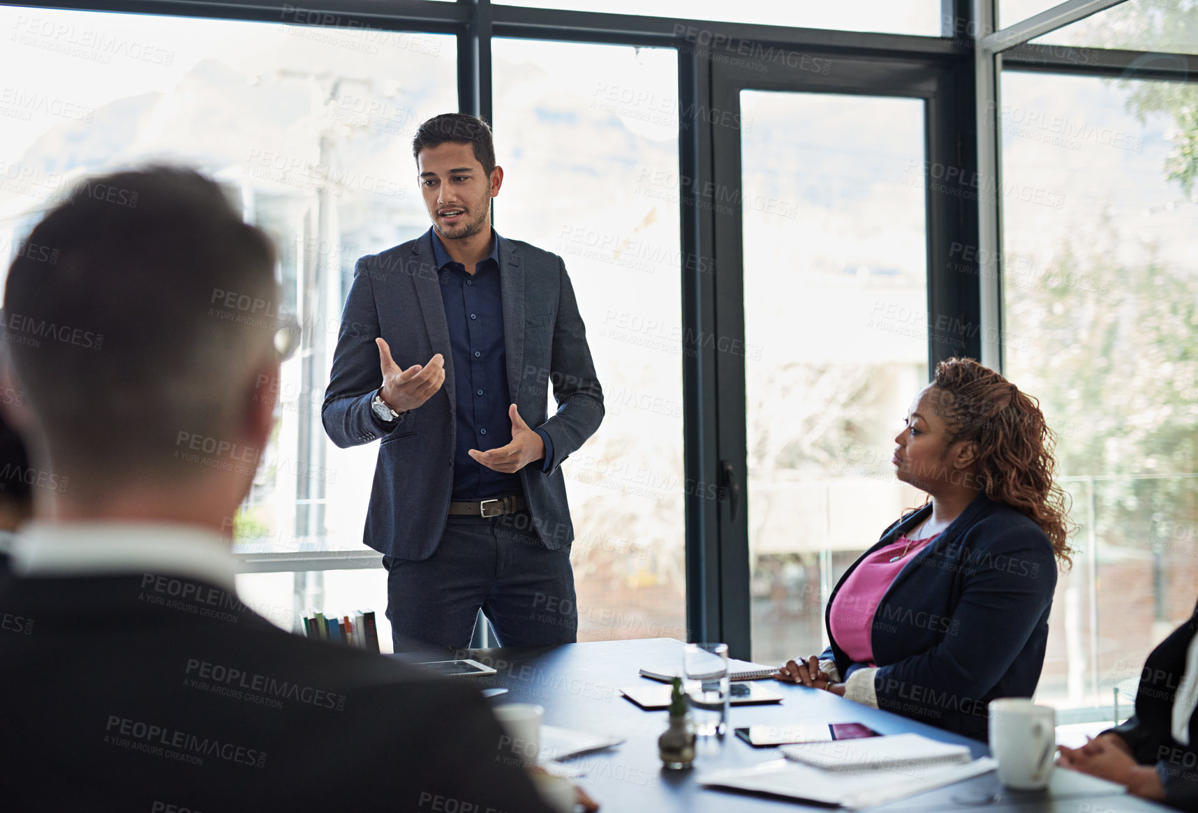 Buy stock photo Meeting, pitch and business people in office with ideas, plan and sales development proposal. Leadership, collaboration and finance team in conference room together for strategy, support and growth.