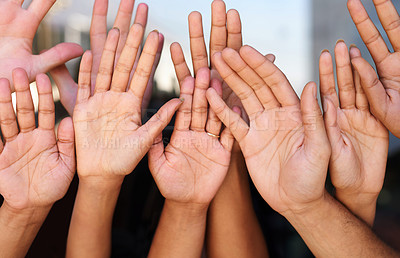 Buy stock photo Hands, people or group in community with support in praying together, worship or collaboration for unity. Teamwork, solidarity or outreach with faith, christian and trust in God with praise or belief