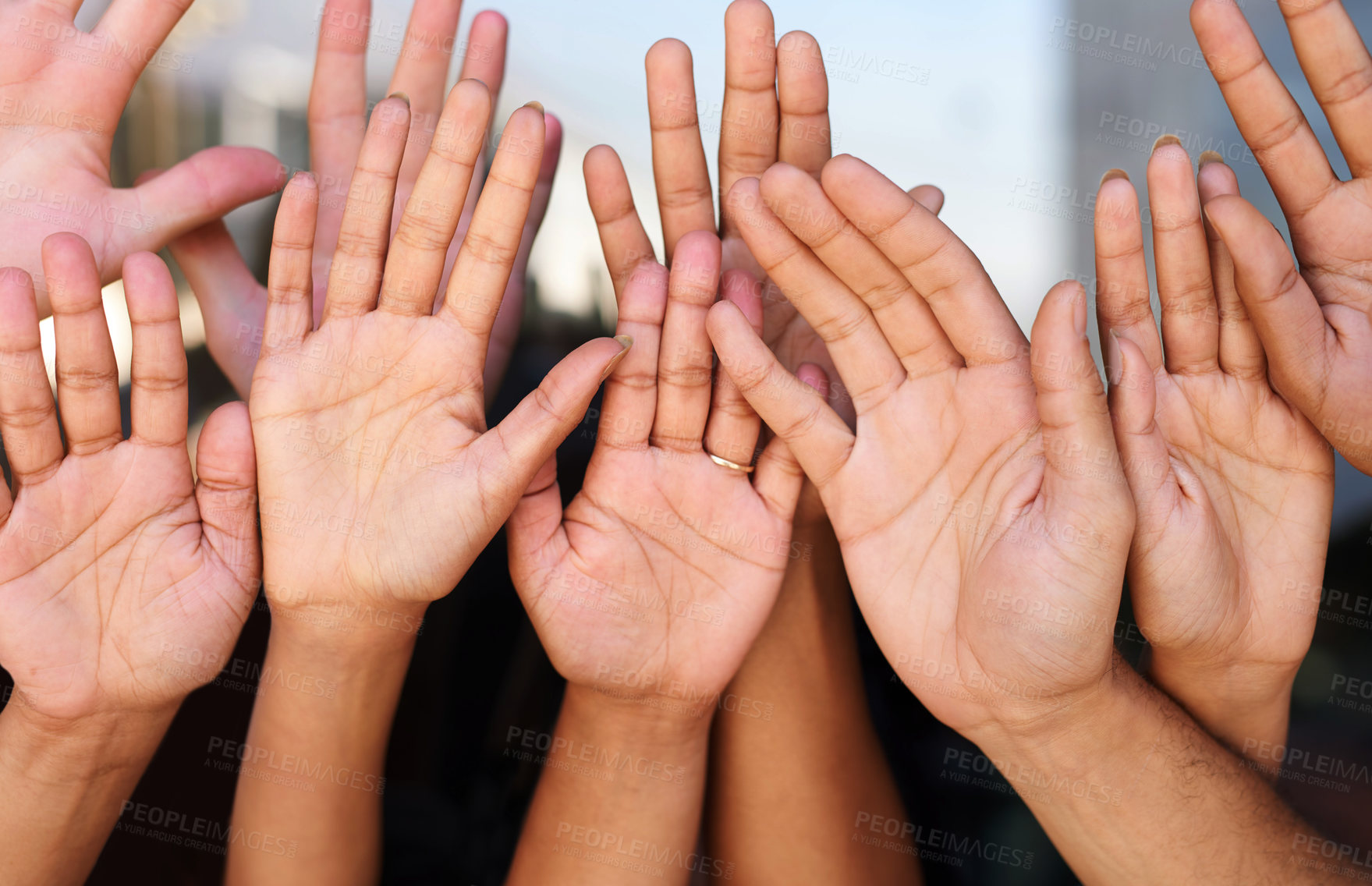 Buy stock photo Hands, people or group in community with support in praying together, worship or collaboration for unity. Teamwork, solidarity or outreach with faith, christian and trust in God with praise or belief