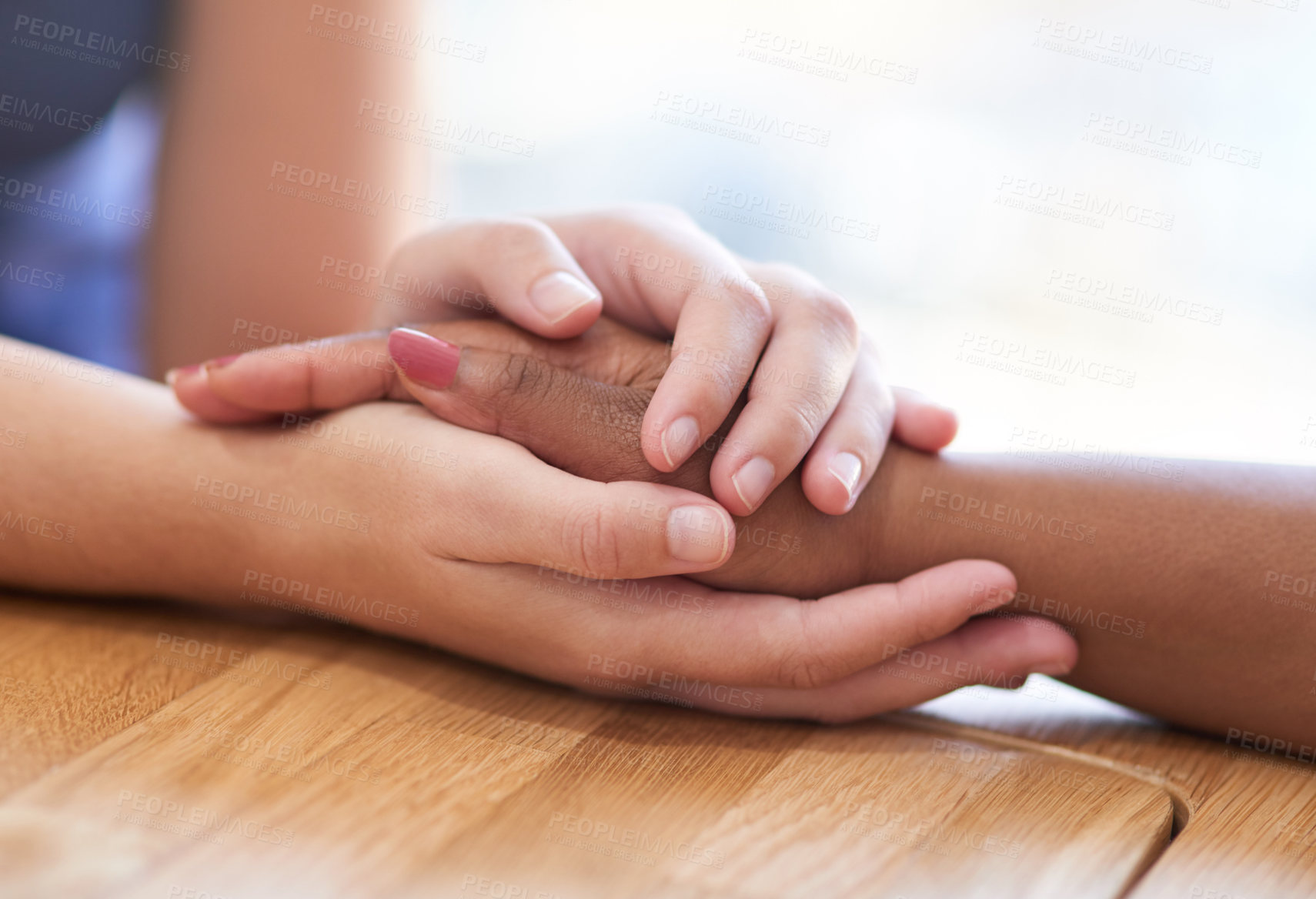 Buy stock photo Support, love and people holding hands for empathy, hope and trust together with care. Faith, forgive and friends with a helping hand, respect and help through grief or consoling with connection