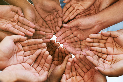 Buy stock photo Hands, team and collaboration in closeup with partnership and community for charity or support. Group, people and palm with friends for help, goal and solidarity for mission with vision of peace