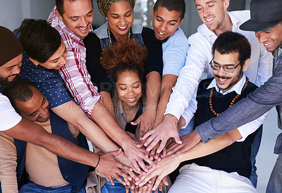 Buy stock photo Diversity, happy people and hands in collaboration, team building and support of success, goals and trust together. Motivation, excited group and celebrate teamwork, winning achievement or solidarity