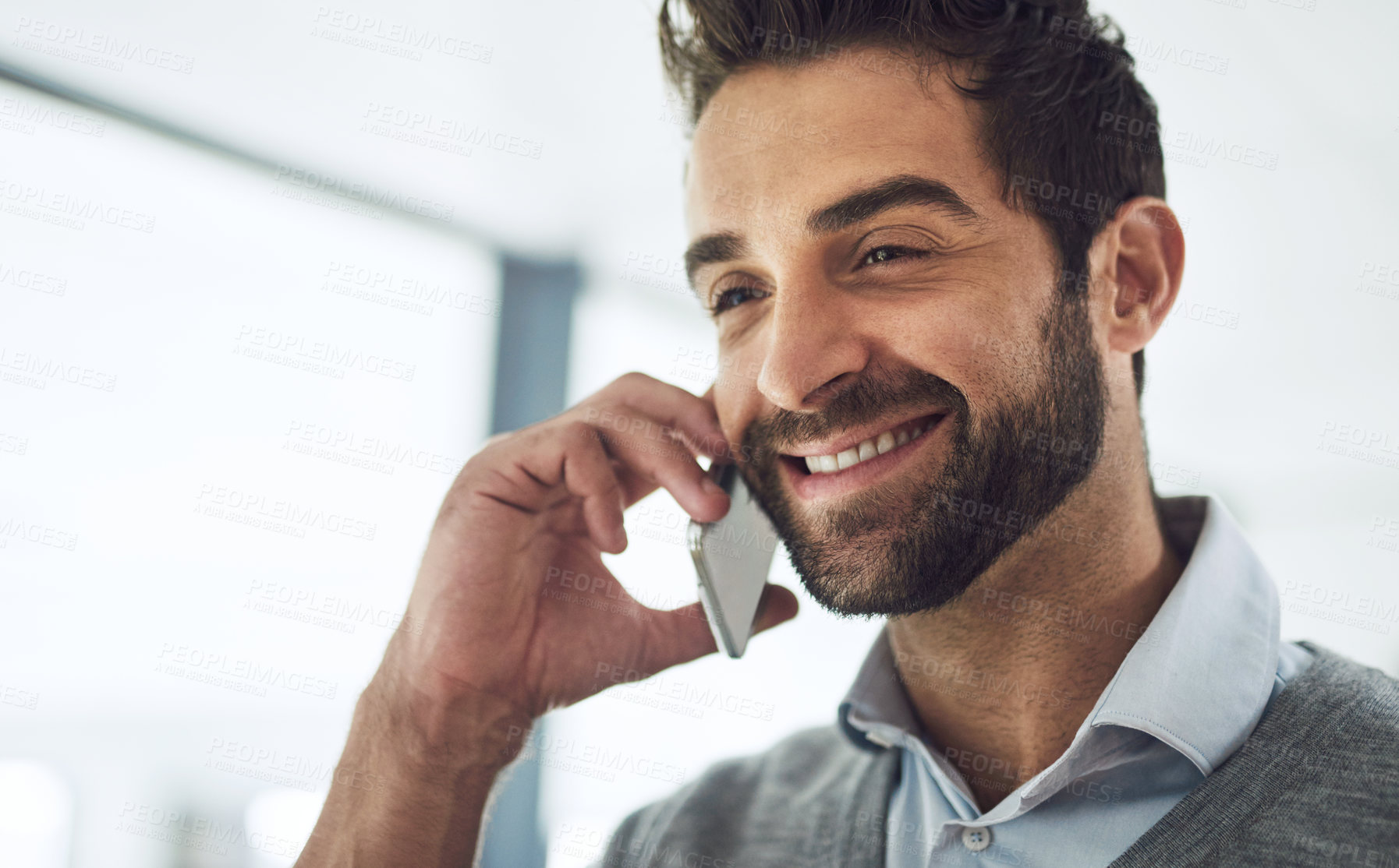 Buy stock photo Phone call, smile and businessman in office for communication, networking and contact with finance client. Happy, cellphone and male financial planner on mobile discussion for feedback on investment.