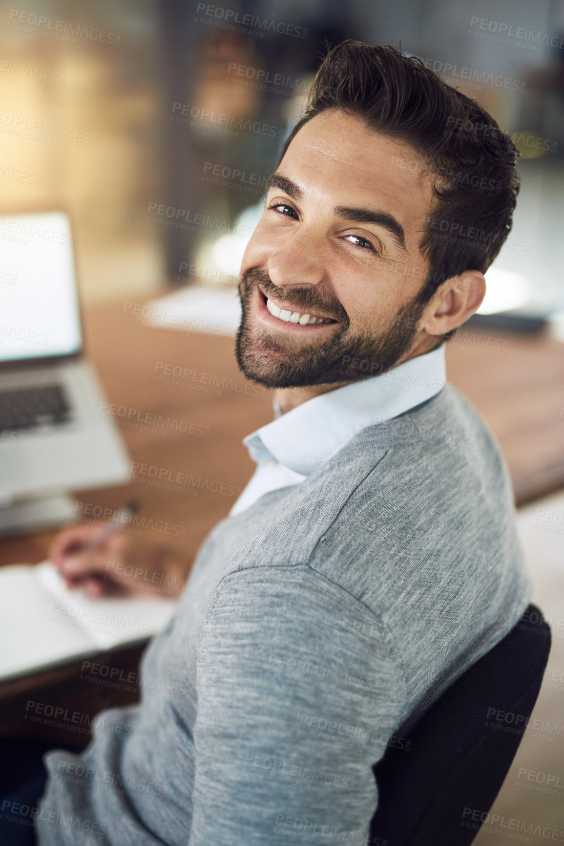 Buy stock photo Laptop, portrait and man at desk with notes, pride and business plan at digital agency with smile. Confidence, tech and happy businessman in office with report, online research or project management