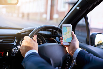 Buy stock photo Driving, map and phone with business person in car to search for directions to location for commute. Hands, navigation and traffic with corporate employee in vehicle for travel to destination