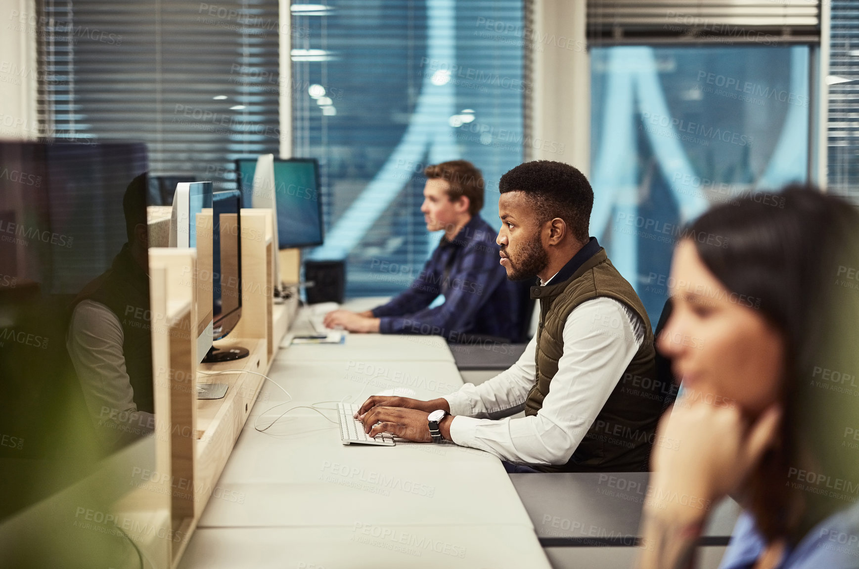 Buy stock photo Cubicle, working and business people with computer in office with research for customer leads. Technology, diversity and insurance clerks with report for claims policy of clients in workplace.