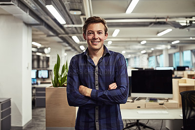 Buy stock photo Man, intern and portrait in office with arms crossed, smile and employee with confidence. New, job and startup company with positivity in workplace with trainee, student or apprentice for development