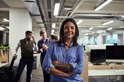 Buy stock photo Smile, portrait and businesswoman in office with arms crossed, confidence and ready in workplace. About us, pride and startup company with happy entrepreneur for professional in career with coworkers