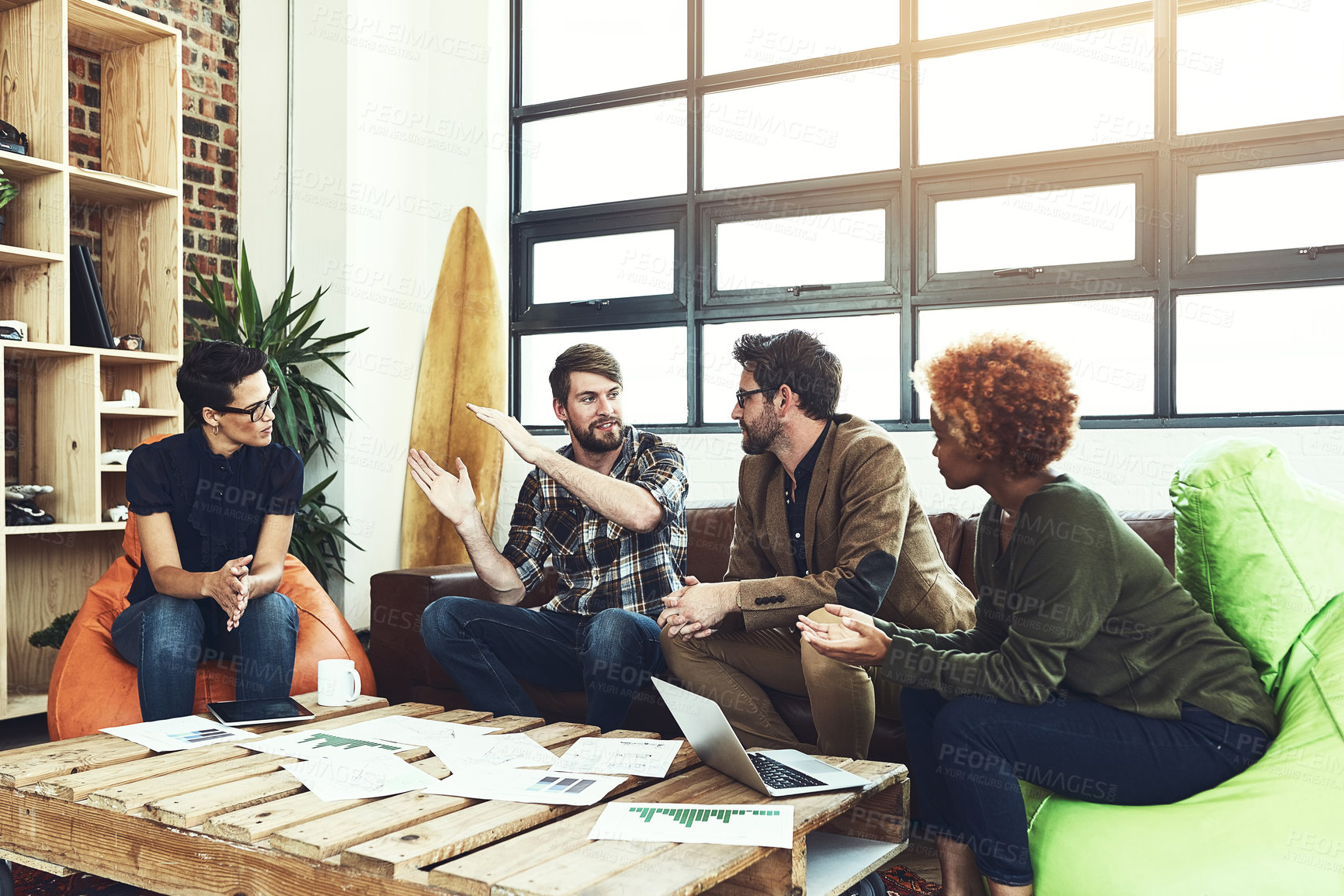 Buy stock photo Office, paperwork and business people on couch for discussion, planning and feedback for marketing progress. Creative agency, employees and collaboration in meeting, teamwork and cooperation for goal