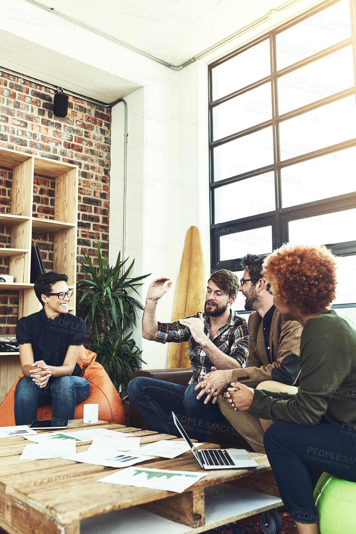 Buy stock photo Office, documents and business people on couch for discussion, planning and feedback for marketing progress. Creative agency, employees and collaboration in meeting, teamwork and cooperation for goal