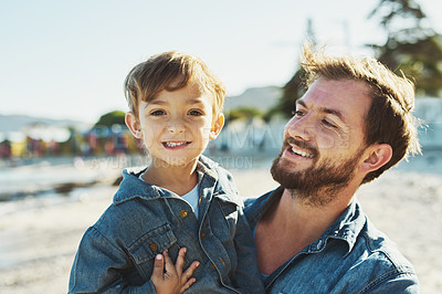 Buy stock photo Smile, father or boy at beach for portrait, holiday or travel in Portugal with child, son or family memory. Single parent, happy dad or kid at sea for vacation with trip, wellness or nature to relax