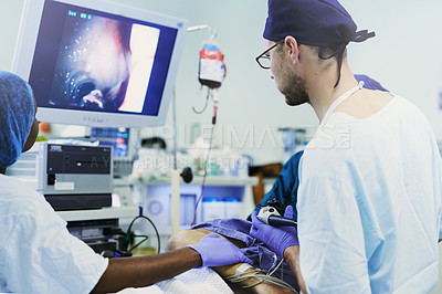 Buy stock photo Shot of a looking at an image on a monitor during a medical procedure