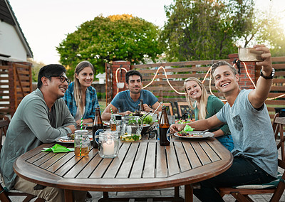 Buy stock photo Outdoor, friends and smile at lunch for selfie, photography and capture memories to document for future. Backyard, happy people and profile picture for social media in reunion, gathering and bonding