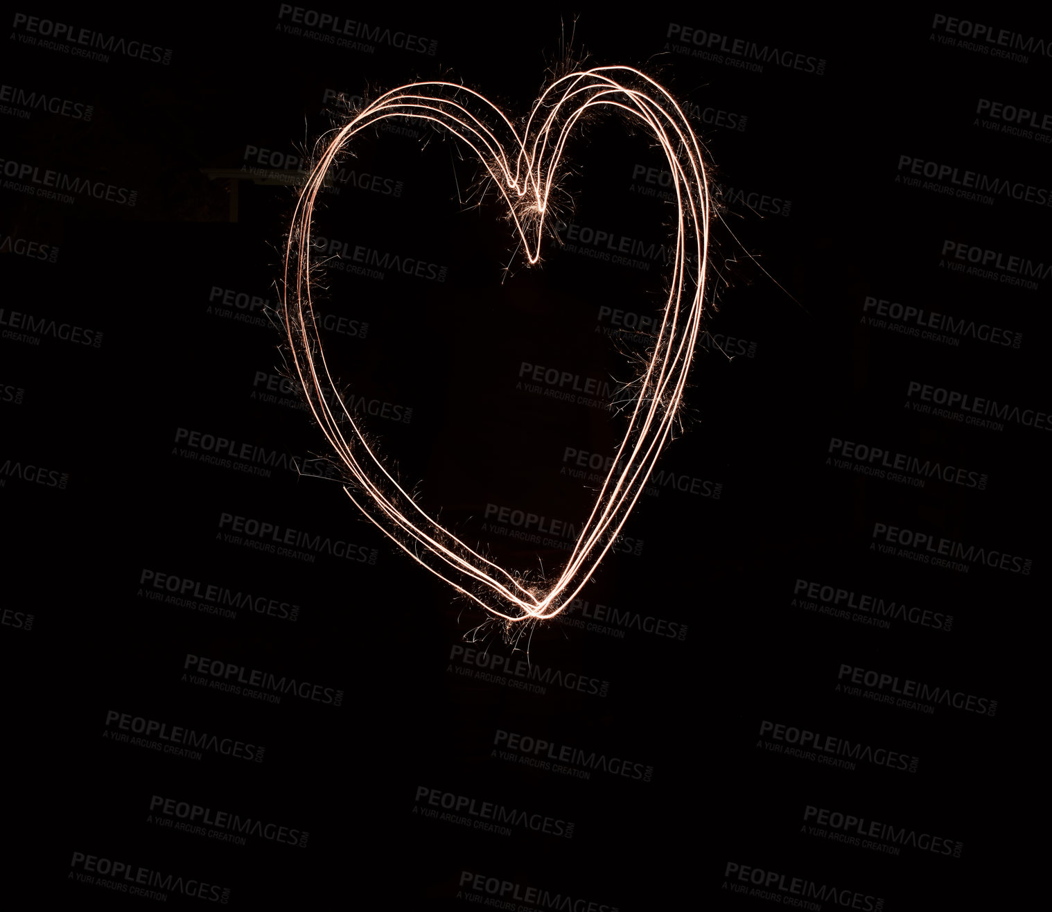 Buy stock photo Fireworks, heart and sparkler with black background for celebration, love or romance on valentines day. Gold, new year and party with magic light shape in dark for evening, holiday or night event