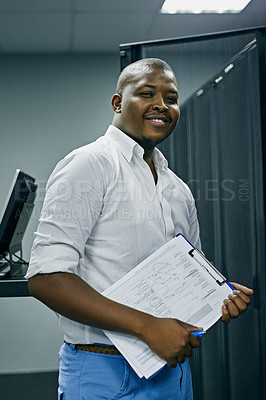 Buy stock photo Server room, happy black man or portrait of technician with online cyber security glitch in data center. IT support, smile or friendly African engineer fixing network with documents on clipboard