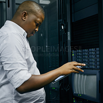 Buy stock photo Server room, black man or technician with tablet for online cyber security glitch or software error. IT support, digital solution or African engineer fixing online network for information technology