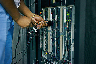 Buy stock photo Server room, cables or hands of technician with hardware for online cybersecurity glitch or software solution. Closeup, man or hand of engineer fixing network for information technology or IT support