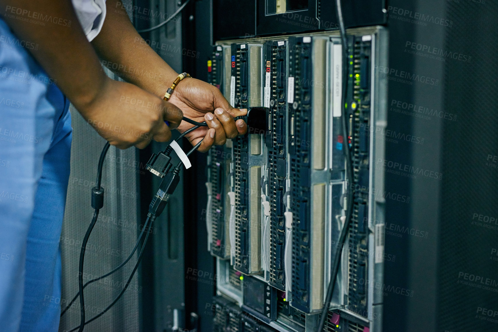 Buy stock photo Server room, cables or hands of technician with hardware for online cybersecurity glitch or software solution. Closeup, man or hand of engineer fixing network for information technology or IT support