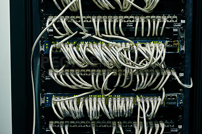 Buy stock photo Server room, empty or cables for internet connection, cloud computing network or cyber security hardware. Wires background, information technology support or cord on machine equipment in data center