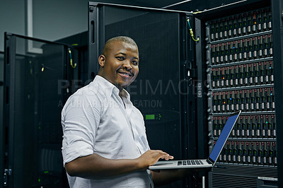 Buy stock photo Server room, black man or portrait of technician with laptop for online cyber security glitch or software. IT support, happy or friendly African engineer fixing network for information technology