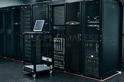 Buy stock photo Server room, empty or laptop for internet connection, cloud computing network or cyber security hardware. IT support background, information technology or cord on machine equipment in a data center 