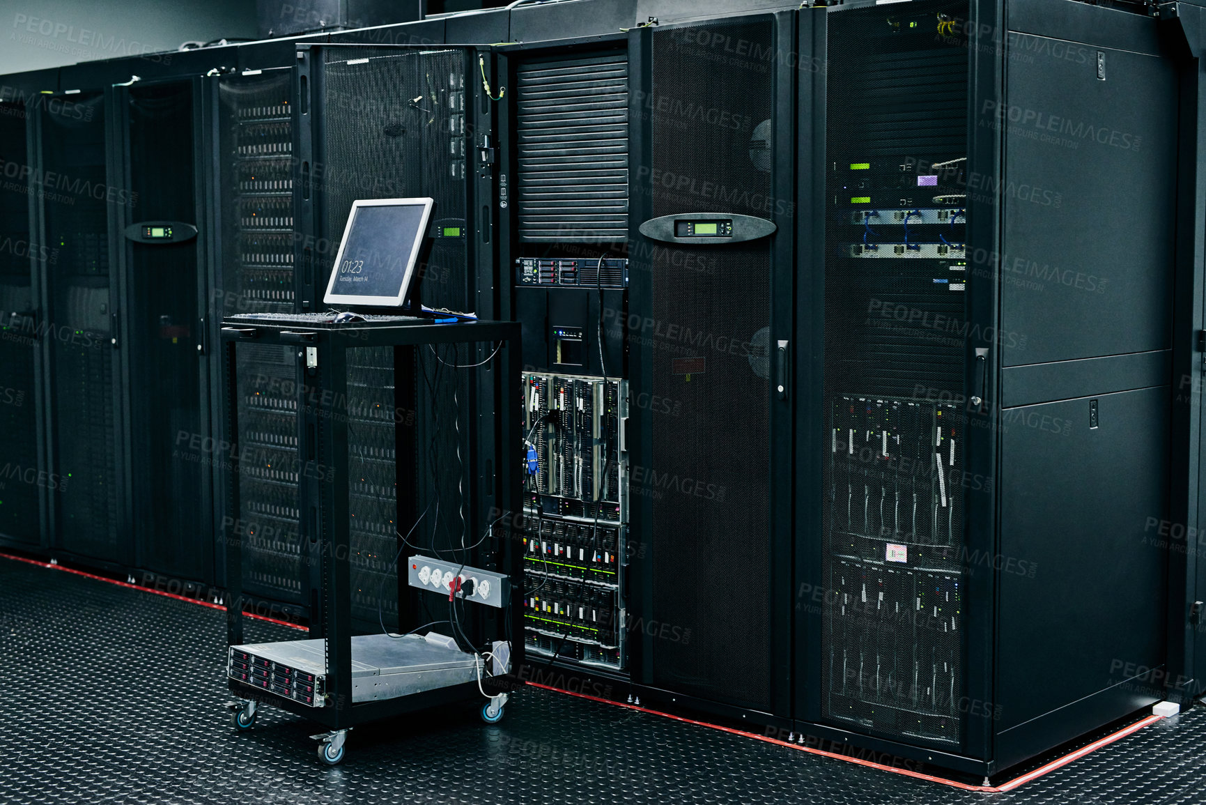 Buy stock photo Server room, empty or laptop for internet connection, cloud computing network or cyber security hardware. IT support background, information technology or cord on machine equipment in a data center 