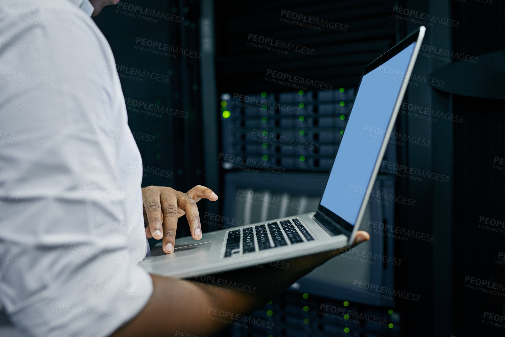 Buy stock photo Server room, man or hands of technician with laptop for online cybersecurity glitch or software. IT support, closeup or electrical engineer coding data or fixing network for information technology 
