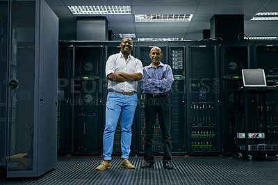 Buy stock photo Happy, men or portrait of engineers in server room for online cyber security glitch or hardware. IT support team, black man or friendly African technicians fixing network for information technology