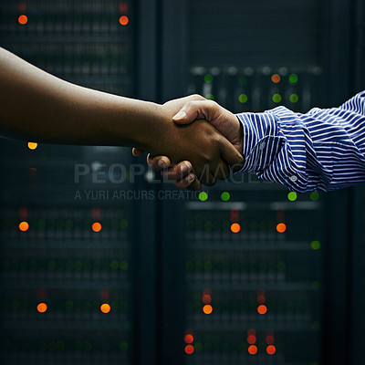 Buy stock photo Handshake, partnership or people in server room of data center worker for network help with IT support. B2b deal agreement, teamwork closeup or successful men shaking hands together in collaboration