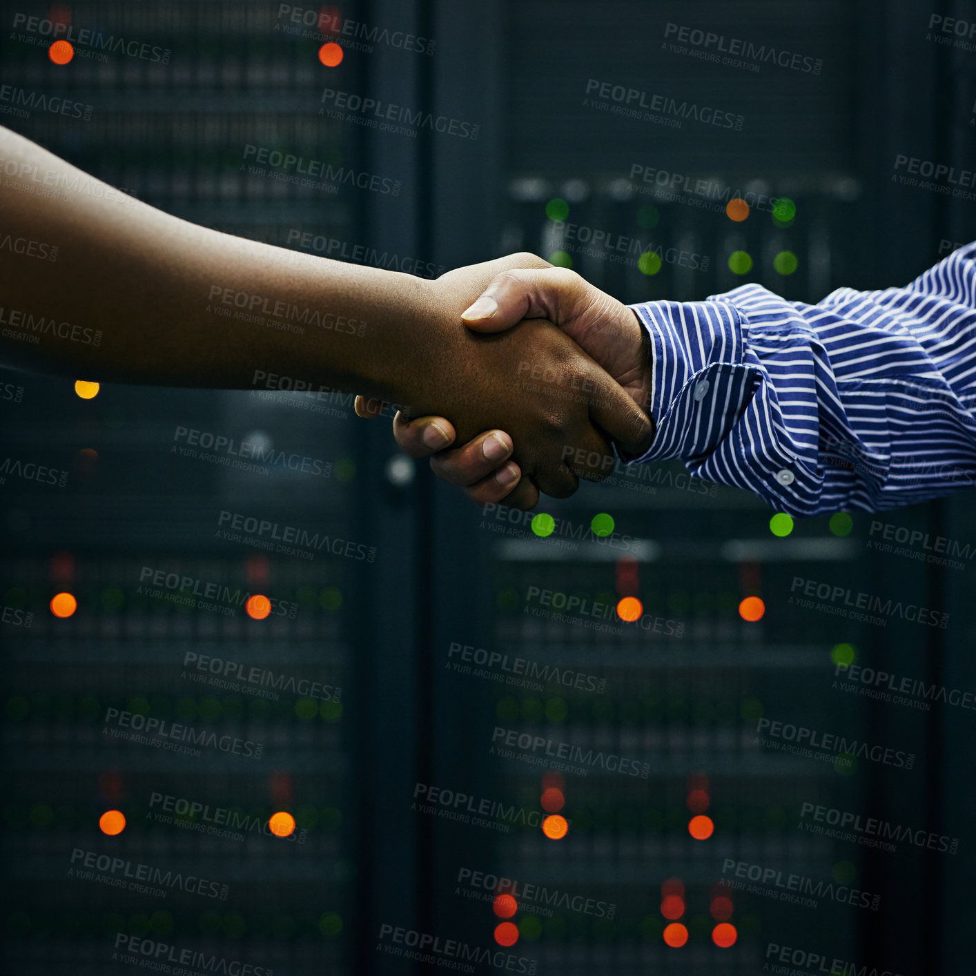Buy stock photo Handshake, partnership or people in server room of data center worker for network help with IT support. B2b deal agreement, teamwork closeup or successful men shaking hands together in collaboration