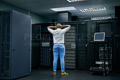 Buy stock photo Server room, IT support or electrician with a hardware problem stressed with maintenance or glitch crisis. Confused or back of worried technician or electrical engineers in information technology