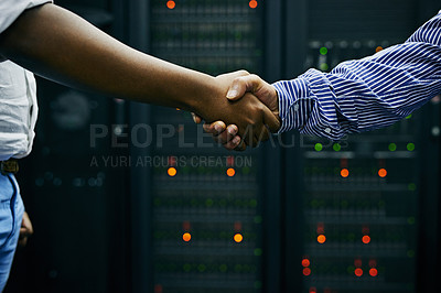 Buy stock photo Handshake, partnership or people in server room of data center worker for network help with IT support. Cybersecurity data agreement, teamwork closeup or people shaking hands in cloud computing deal