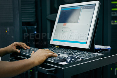 Buy stock photo Hands, technician or coding on computer in server room for big data, tech glitch or digital website at night. Support, laptop or person typing testing UX screen, programming or software development 
