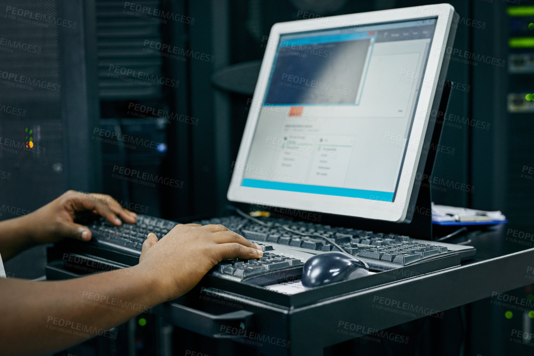 Buy stock photo Hands, technician or coding on computer in server room for big data, tech glitch or digital website at night. Support, laptop or person typing testing UX screen, programming or software development 