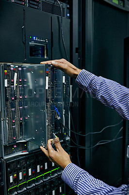 Buy stock photo Server room, hardware or hands of technician fixing online cybersecurity glitch, machine or servers system. IT support, data center or closeup of engineer fixing network for information technology