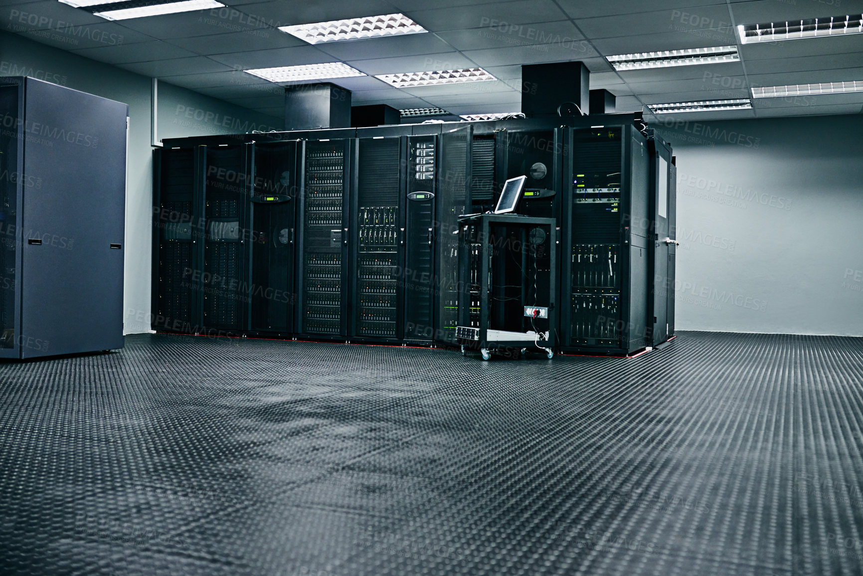 Buy stock photo Server room, empty or hardware for internet networking connection, servers or cyber security system. IT support background, information technology electronics or machine equipment in data center 