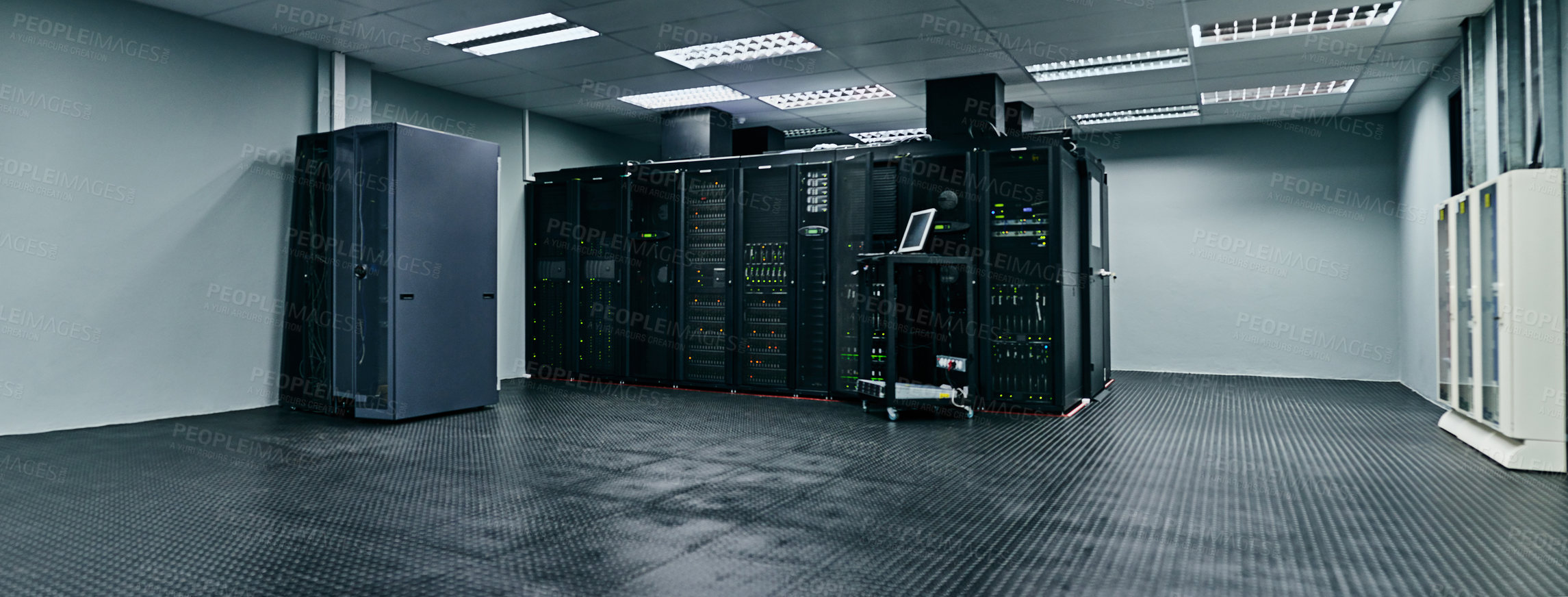 Buy stock photo Server room, empty or data center for internet connection, computing network or cyber security hardware. IT support background, information technology or machine equipment with laptop in a datacenter