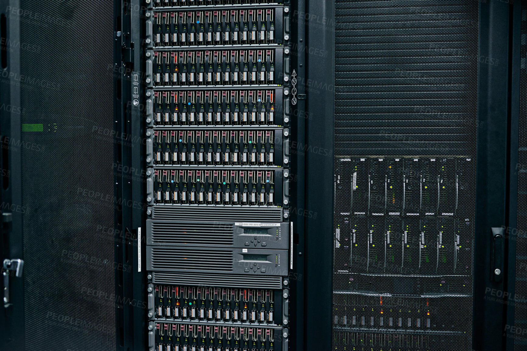 Buy stock photo Server room, empty or hardware equipment for networking connection, admin servers or cyber security system. IT support background, information technology electronics or modern machine in data center 