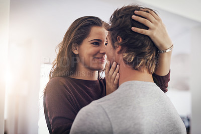 Buy stock photo Love, home and couple hug in kitchen for bonding, loving relationship and relax together. Dating, marriage and man and woman embrace for affection, commitment and romance for trust in apartment