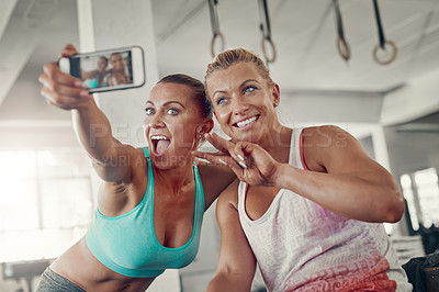 Buy stock photo Shot of two young women taking a selfie at the gym